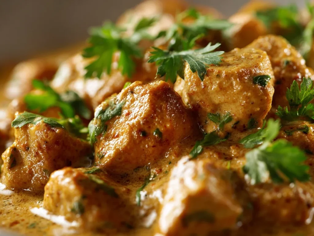 Low Carb Hähnchencurry in cremiger Kokosmilch mit saftigem Hähnchen, Tomaten und frischem Koriander angerichtet