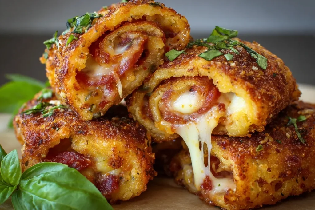Pizzaschnecken Low Carb goldbraun gebacken mit geschmolzenem Käse und frischem Basilikum serviert