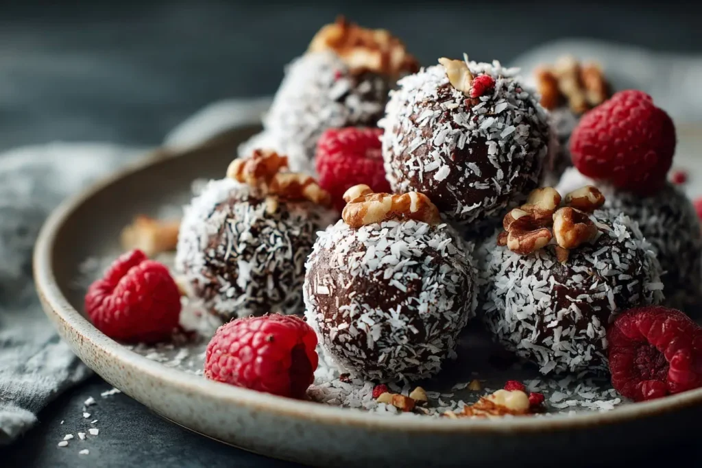 Dessert Vegan Weihnachten mit veganen Schokoladenkugeln, Kokosflocken und frischen Beeren
