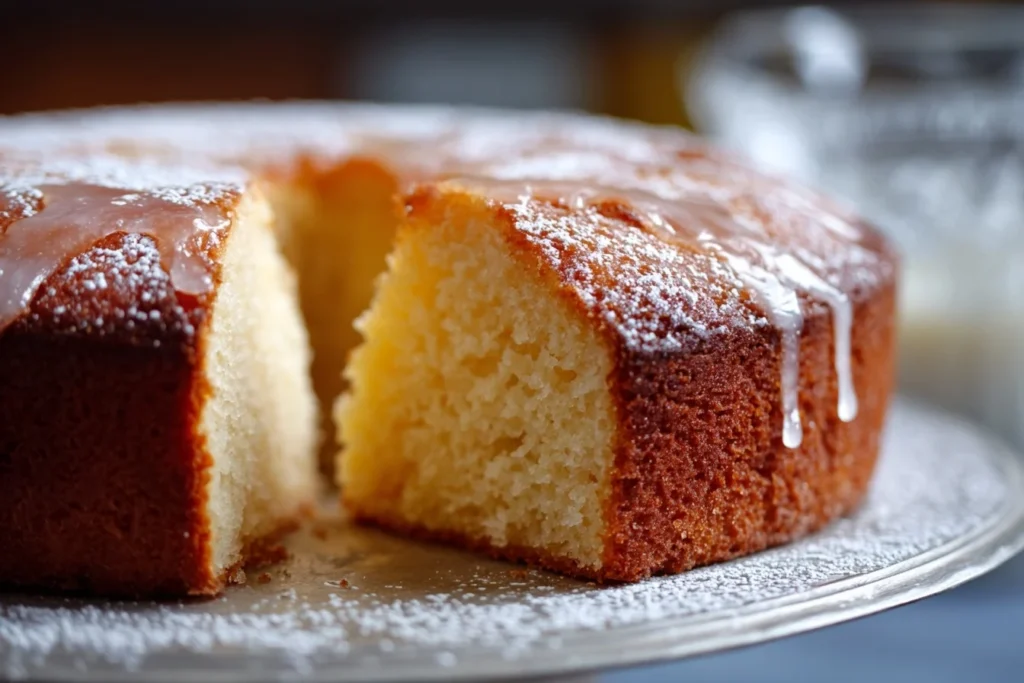 Frisch gebackener Hermann Kuchen auf einem rustikalen Teller, goldbraun mit glänzender Glasur, ein Stück herausgeschnitten, fluffiges Inneres sichtbar.