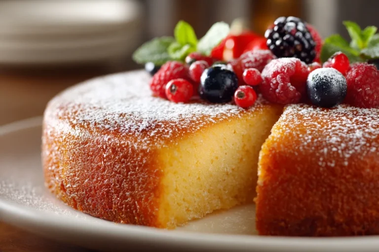 Grieß Kuchen frisch aus dem Ofen, eine Scheibe geschnitten, saftig und goldbraun, serviert auf einem rustikalen Holzbrett mit Puderzucker.