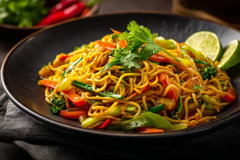 Mie Nudeln Vegan als asiatische Gemüsepfanne mit Limette und Koriander
