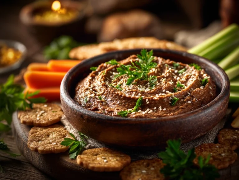 Cremiger Datteldip vegan, serviert in einer rustikalen Schale, garniert mit Olivenöl, Sesamsamen und frischer Petersilie, umgeben von Gemüse-Sticks.