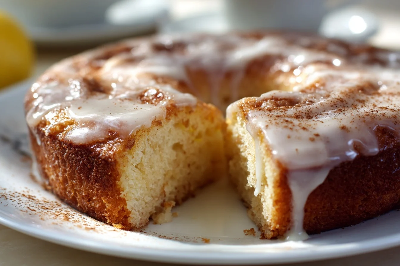 Ein Stück Faule Weiber Kuchen aufgeschnitten, saftiger Kuchen mit Glasur und Zimt bestreut