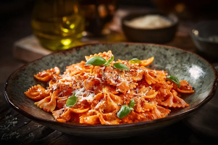 Nudeln Schmetterling auf dem Teller mit Parmesan, Basilikum und würziger Tomatensauce