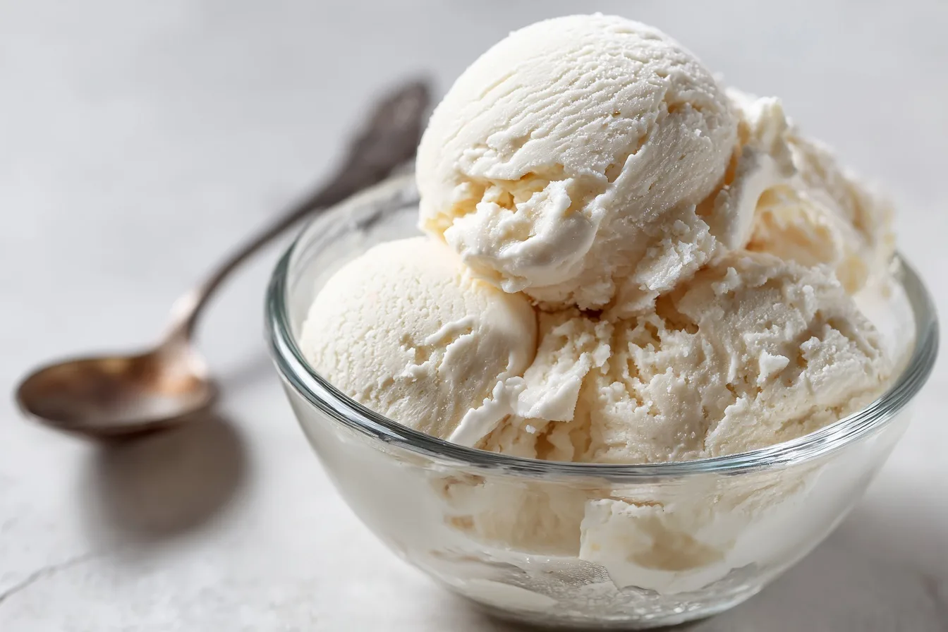 Keto Eis mit Vanille und Nussbutter dekoriert und servierfertig