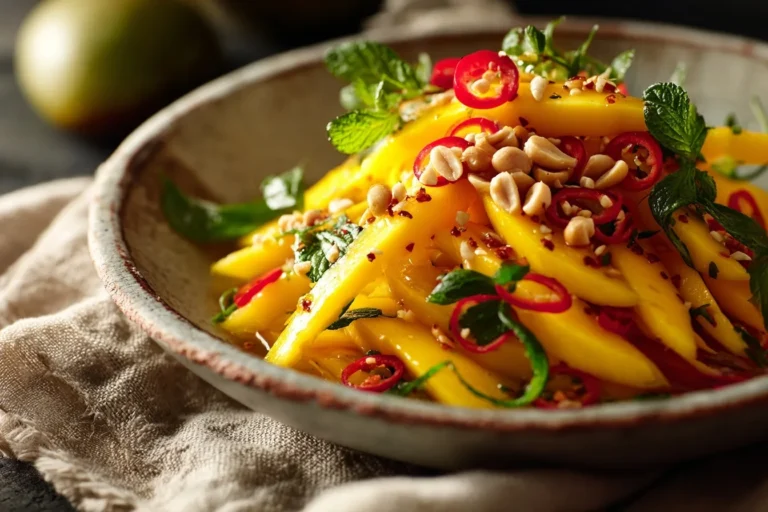Detailansicht Mango Salat mit sichtbaren Schichten: saftige gelbe Mangostreifen, orangefarbene Karotten, rote Paprika und grüne Kräuter mit goldbraunen Erdnüssen