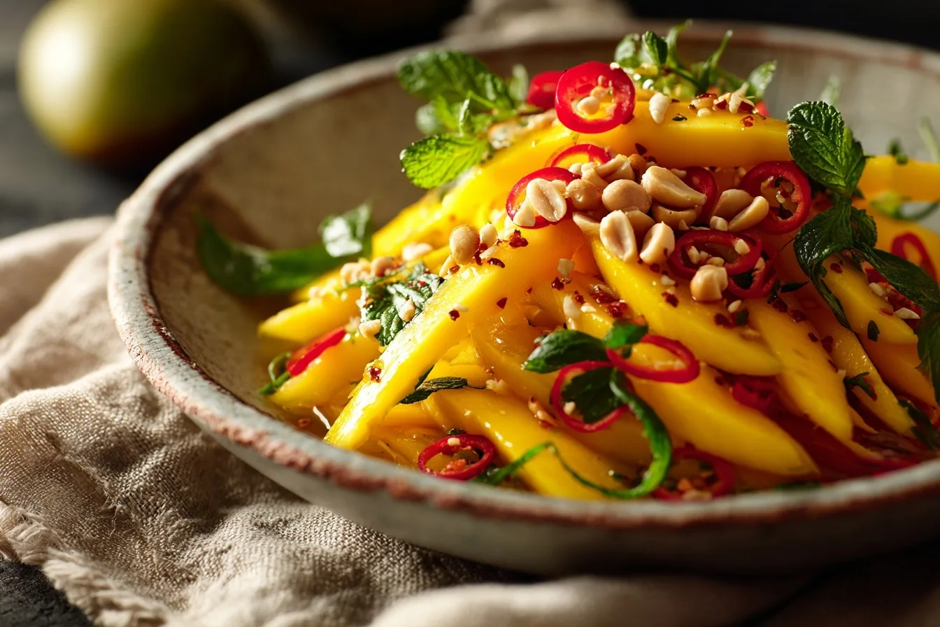Detailansicht Mango Salat mit sichtbaren Schichten: saftige gelbe Mangostreifen, orangefarbene Karotten, rote Paprika und grüne Kräuter mit goldbraunen Erdnüssen