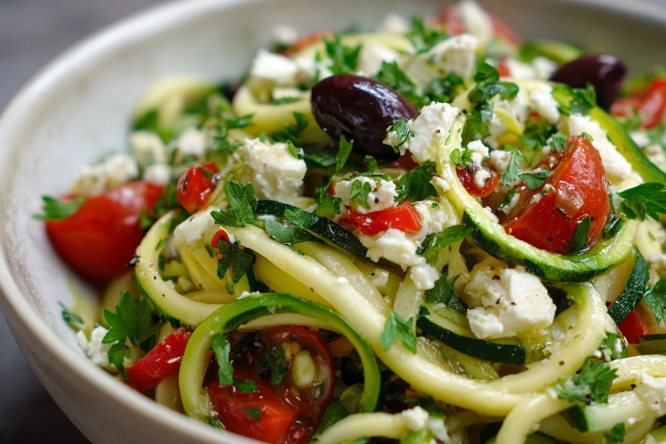 Low Carb Nudelsalat bunt gemischt mit Gemüse, Feta und Oliven in einer Schüssel angerichtet