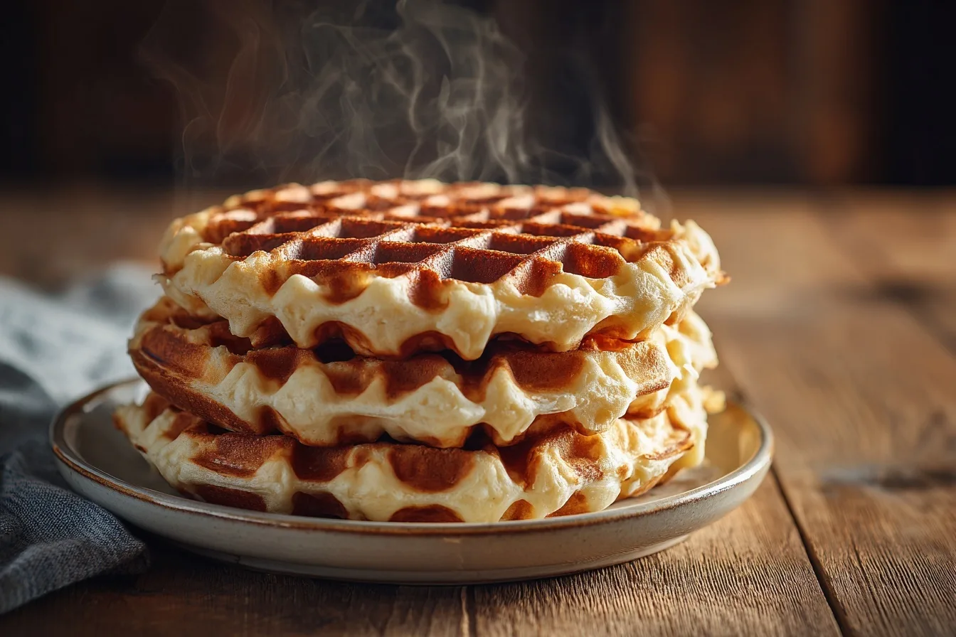Keto Waffeln Kokosmehl Golden-brown keto waffles made with coconut flour, served on a rustic plate with fresh berries, sugar-free syrup, and a dusting of powdered erythritol.