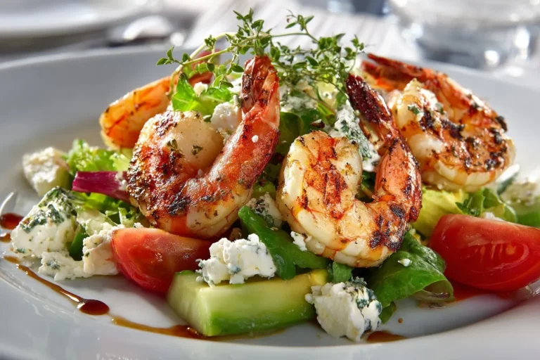 Salat mit Garnelen auf einem Teller mit knackigem Gemüse und Zitronen-Olivenöl-Dressing