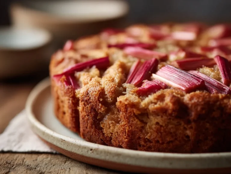 Frisch gebackener Rhabarberkuchen glutenfrei mit goldbrauner Kruste, saftigen Rhabarberstücken und Puderzucker, perfekt für einen süßen Genussmoment.