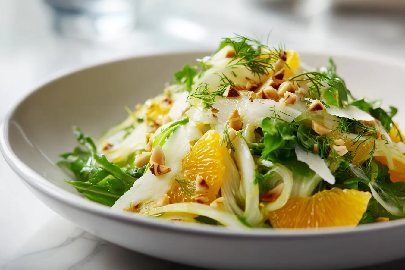 Detailansicht Fenchel Salat Italienisch mit sichtbaren Schichten: durchscheinende Fenchelscheiben, glänzende Orangensegmente, grüner Rucola und goldbraune Pinienkerne