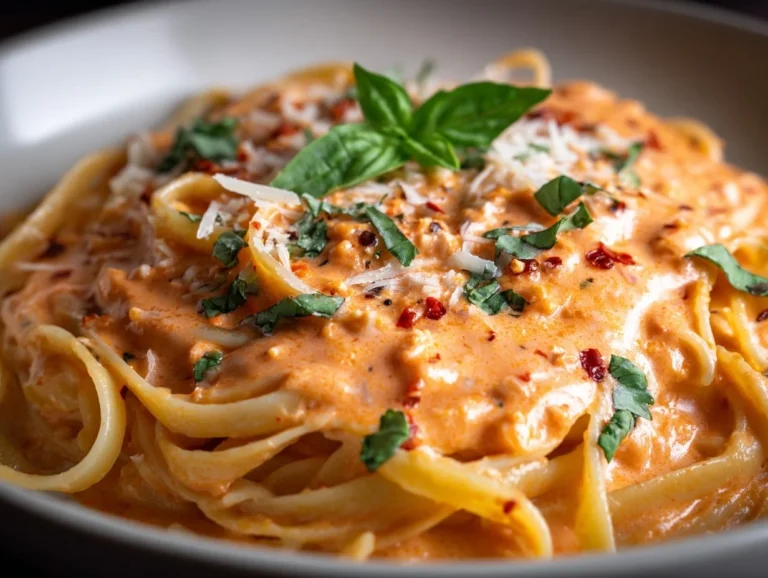 Fertige Low Carb Nudelsoße cremig angerichtet mit Parmesan, Basilikum und optionalen Chiliflocken