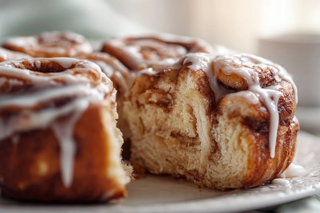 Saftiger Zimtschneckenkuchen angeschnitten mit sichtbarer Zimtspirale und cremiger Glasur.