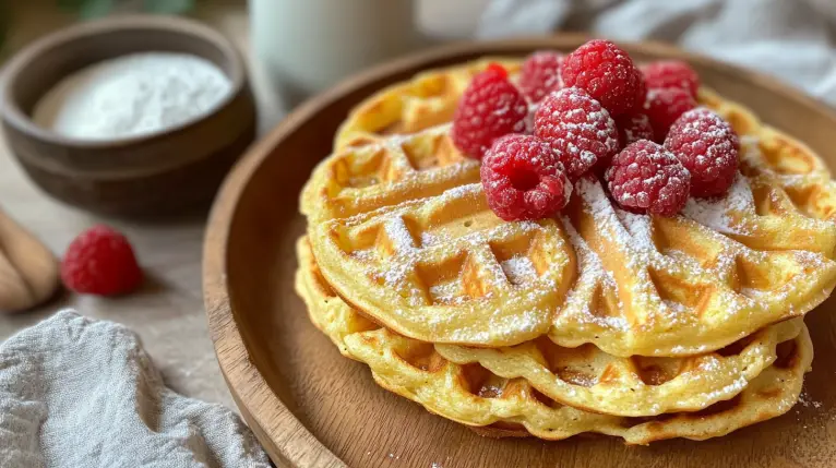 Keto Waffeln Kokosmehl Golden-brown keto waffles made with coconut flour, served on a rustic plate with fresh berries, sugar-free syrup, and a dusting of powdered erythritol.