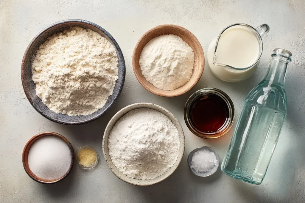 Zutaten für Pfannkuchen vegan, darunter Mehl, pflanzliche Milch und Backpulver, auf einer sauberen Arbeitsfläche.