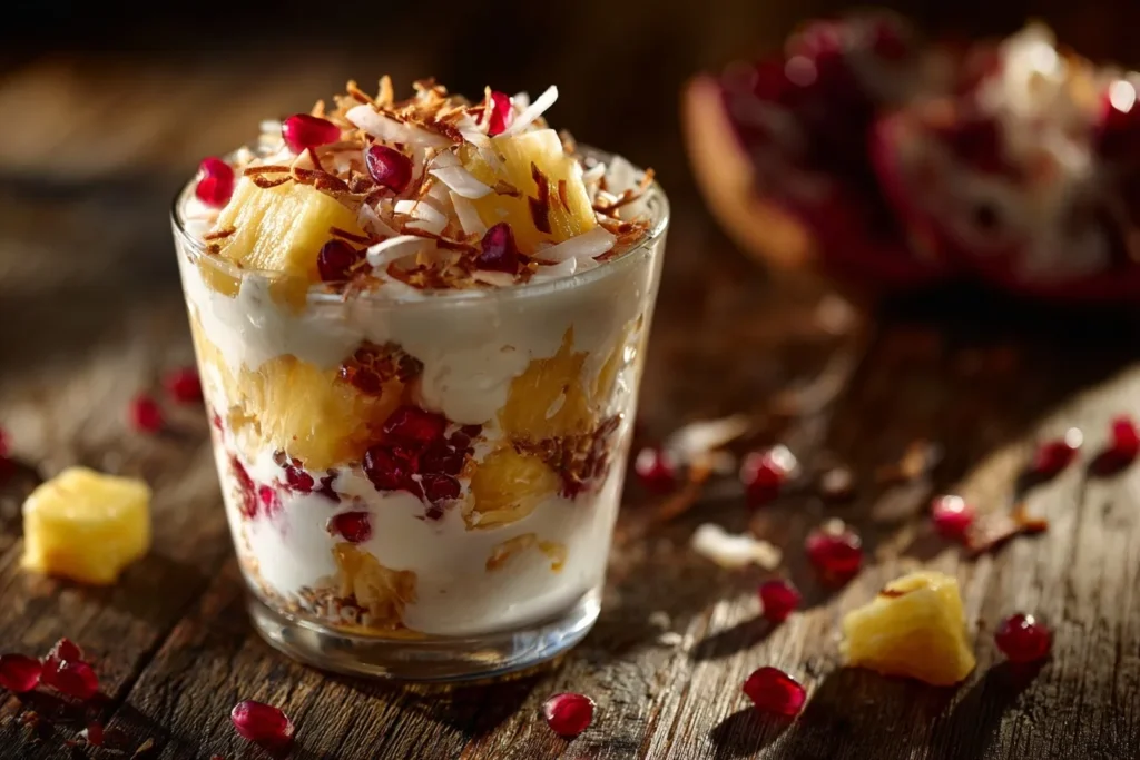Tropisches Kokos-Joghurt-Dessert im Glas mit Ananasstücken, Kokosraspeln und Granatapfelkernen.