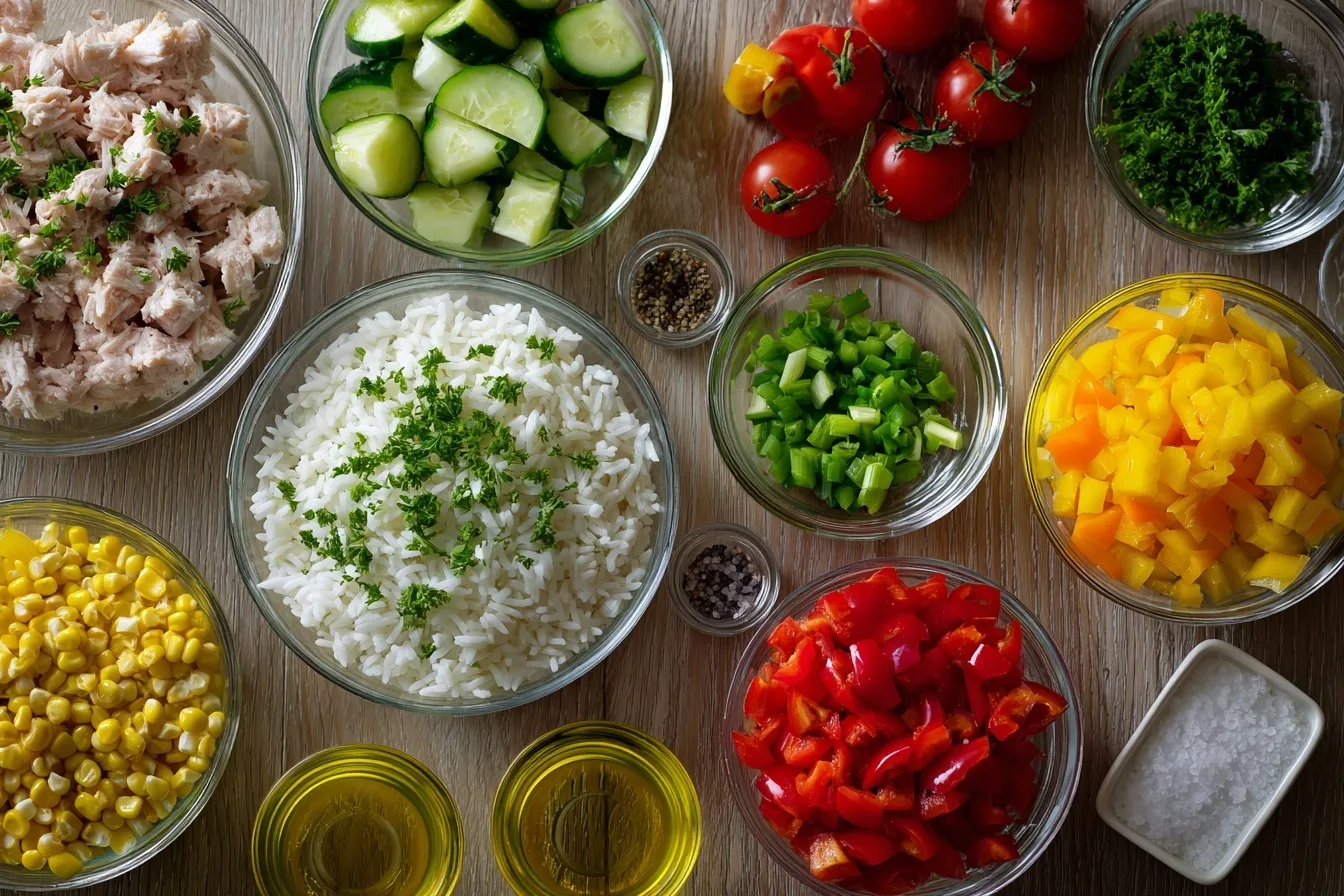 Nahaufnahme eines Reissalat mit Thunfisch mit frischen Zutaten, knackigem Gemüse und feinem Dressing.