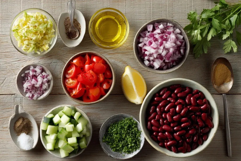 A bowl of kidney bean salad with chunks of red bell peppers, cucumbers, cherry tomatoes, and fresh parsley, dressed with olive oil and lemon juice