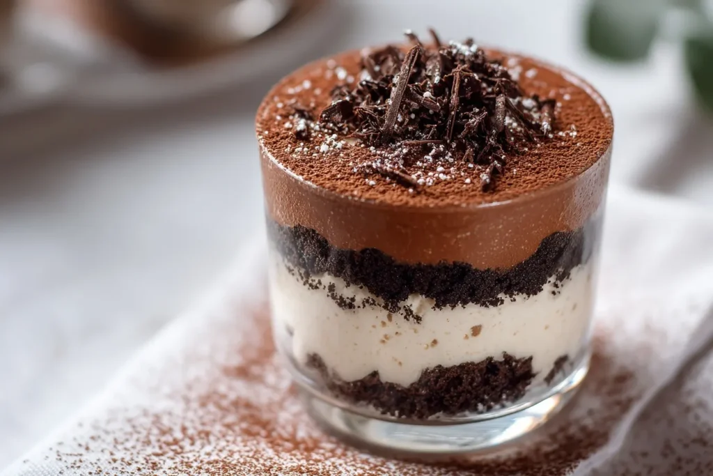 Klassisches Tiramisu im Glas mit Schichten aus Mascarpone-Creme, Löffelbiskuits und Kakaopulver.
