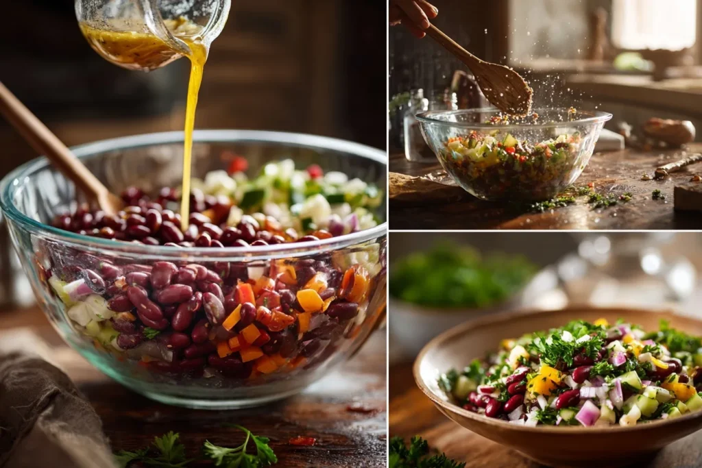 A bowl of kidney bean salad with chunks of red bell peppers, cucumbers, cherry tomatoes, and fresh parsley, dressed with olive oil and lemon juice