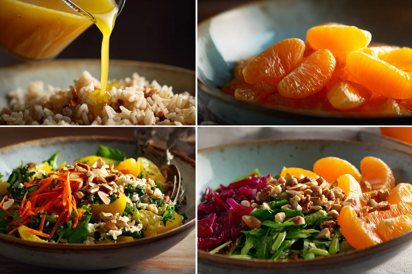 Ein frischer Mandarinen Reissalat in einer Keramikschale