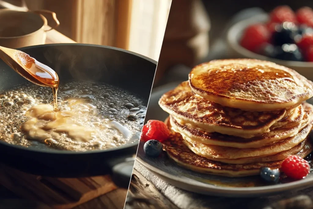 Glutenfreie Pancakes-Teig brutzelt in einer antihaftbeschichteten Pfanne, kleine Blasen bilden sich auf der Oberfläche. Eine Pfannwender wartet darauf, die Pancakes perfekt zu wenden.