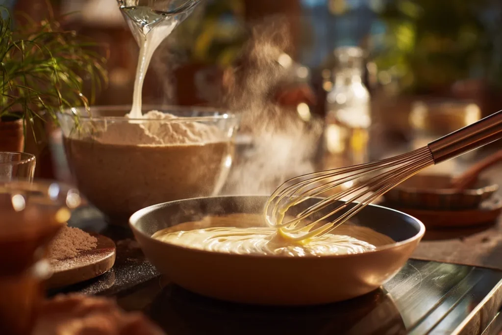 Ein veganer Pfannkuchen in der Pfanne, Blasen bilden sich auf der Oberfläche.