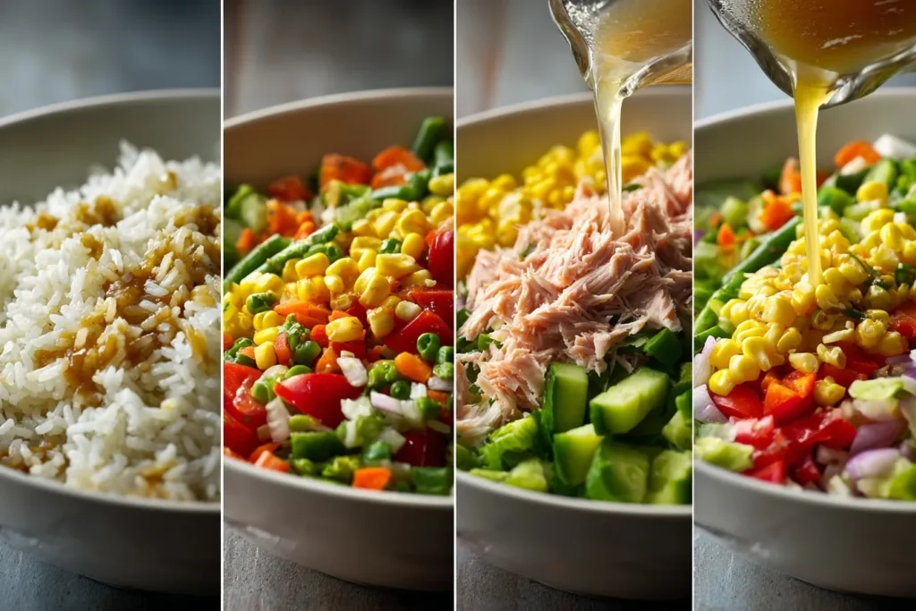 Einzelportion Reissalat mit Thunfisch auf einem weißen Teller mit frischen Kräutern garniert.