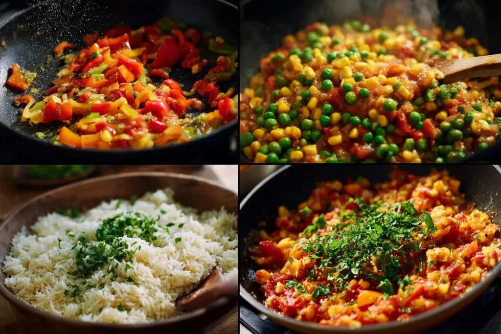 In einer heißen Pfanne braten Zwiebeln, Knoblauch, Paprika und Tomaten für die Zubereitung des Djuvec Reissalats.