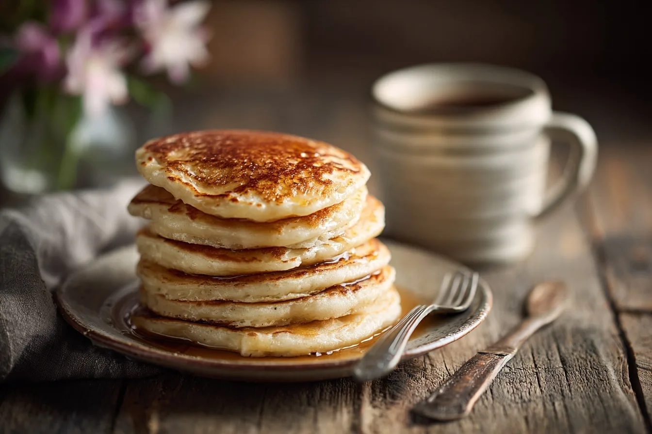 Fluffige vegane Pfannkuchen ohne Ei mit frischen Beeren und Ahornsirup.