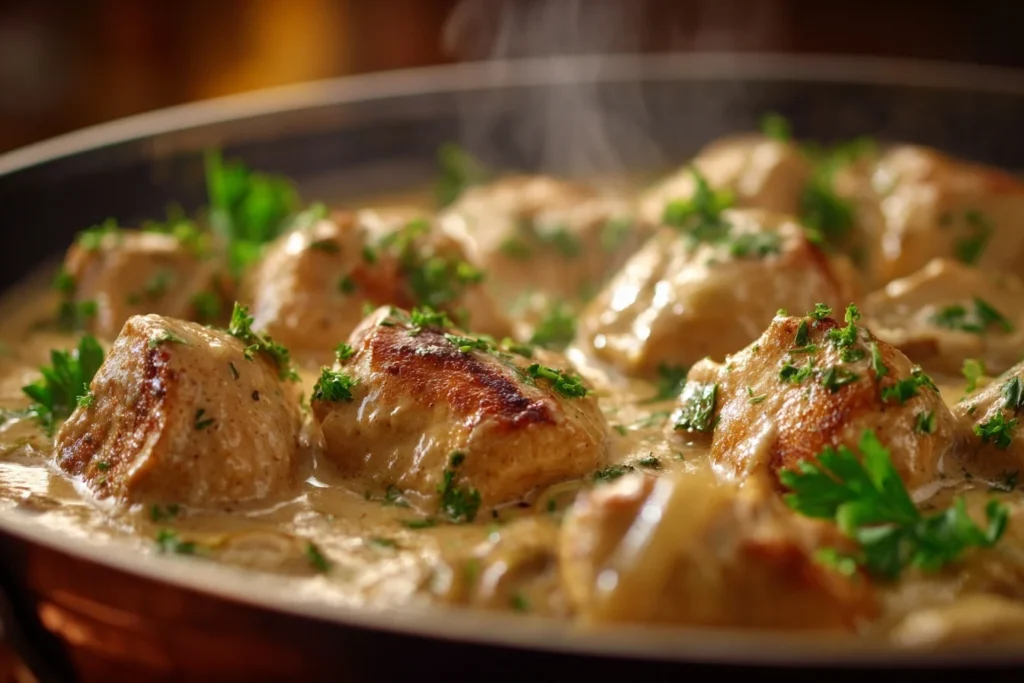 Nahaufnahme von Zwiebel Sahne Hähnchen mit cremiger Soße und zarten Hähnchenstücken