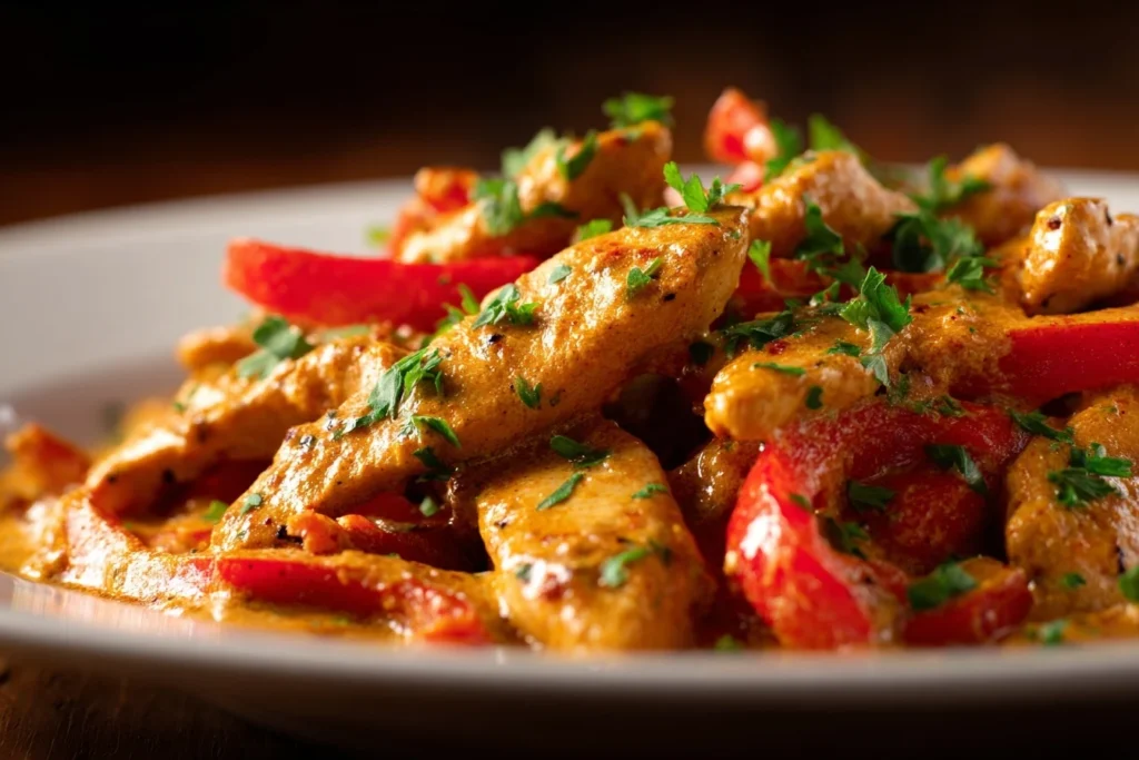 Paprika Sahne Hähnchen serviert mit Baguette und dekoriert mit Petersilie.