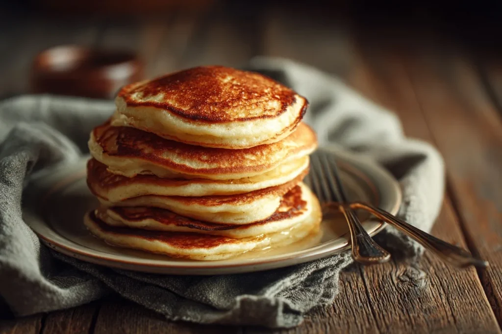 Pfannkuchen ohne Milch mit Beeren und Ahornsirup serviert.