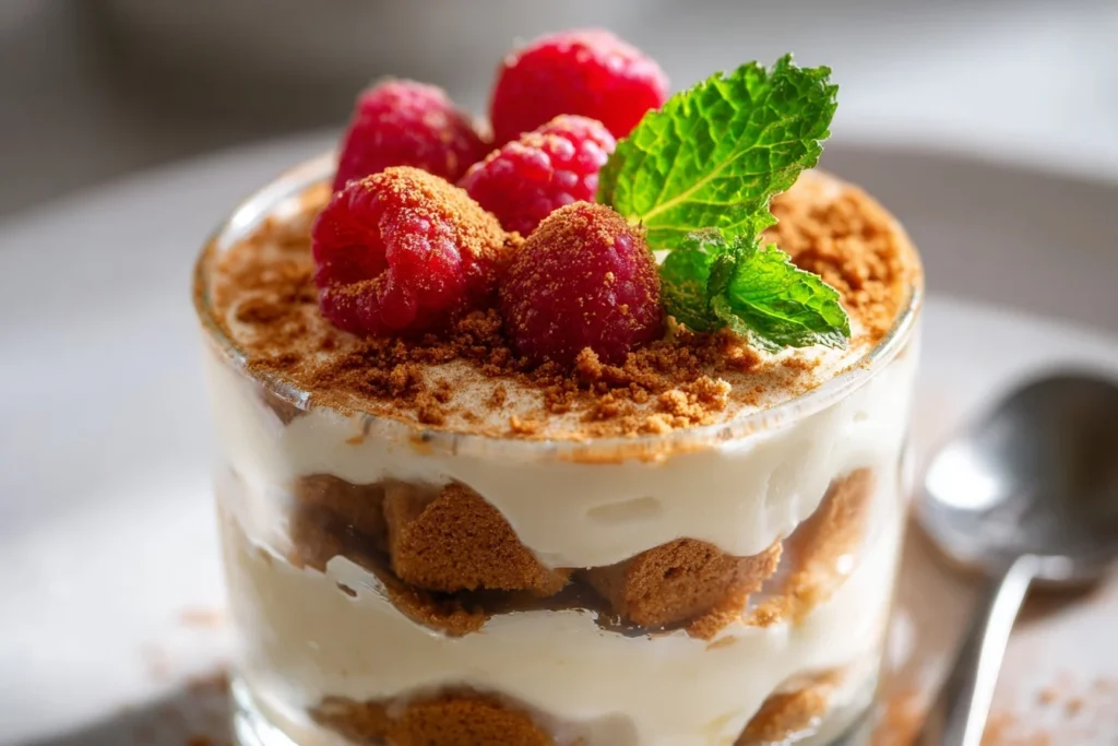 Mascarpone Spekulatius Dessert im Glas mit Schichten aus Mascarponecreme, Spekulatiuskrümeln und Himbeeren, dekoriert mit Minze.