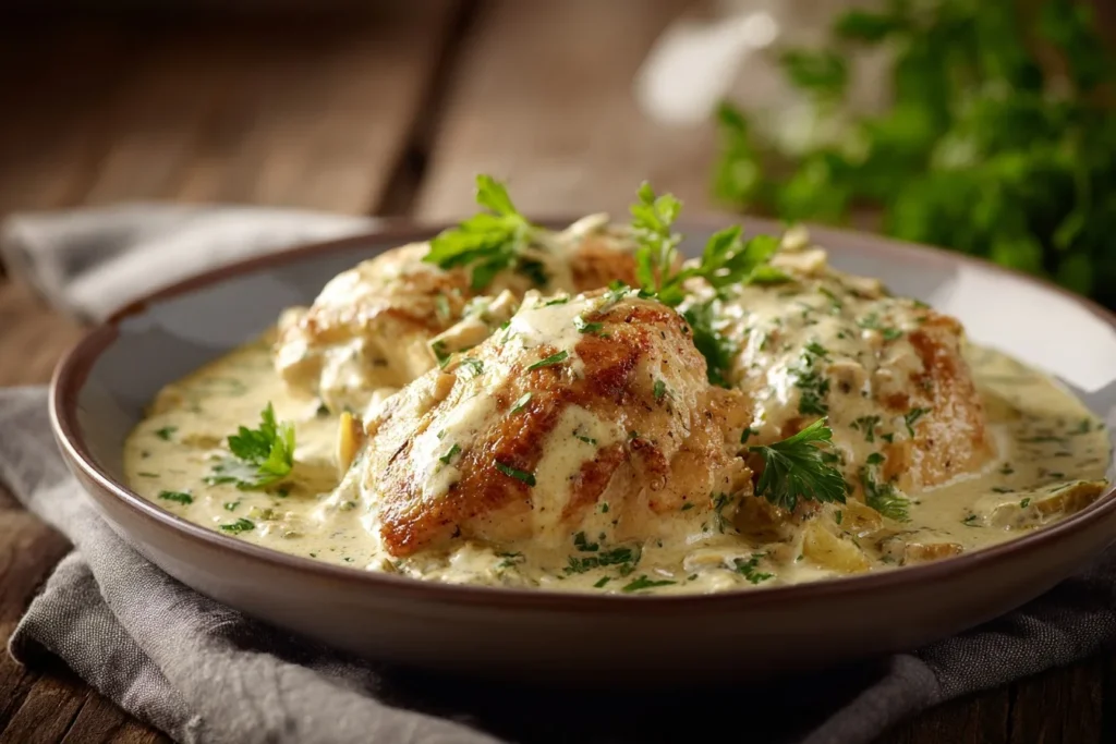 Hähnchen Sahne Soße in einer Servierpfanne mit Löffel.