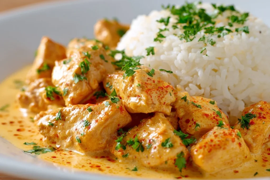 Hähnchen in cremiger Soße, angerichtet mit Reis und dekoriert mit frischen Kräutern, ein harmonisches Gericht für die Familie.