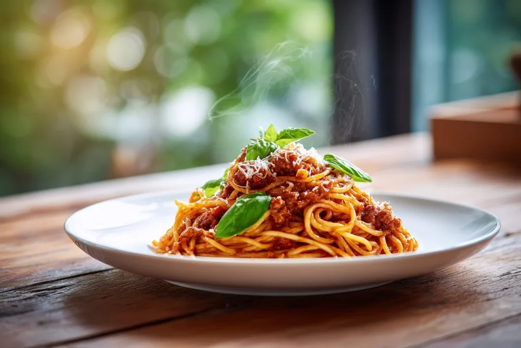 Spaghetti Bolognese Sauce im Thermomix, umgeben von frischen Zutaten wie Tomaten, Knoblauch, Zwiebeln und Parmesan.