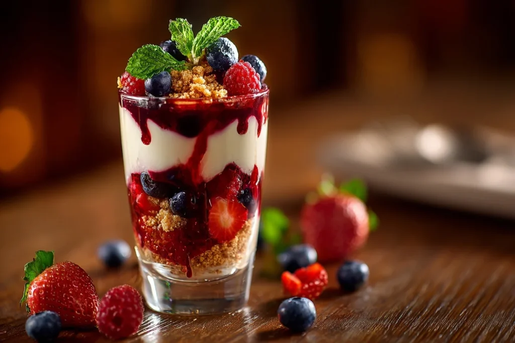 Frisches Beeren-Dessert im Glas mit Mascarpone-Creme, Beeren und Keksbröseln.
