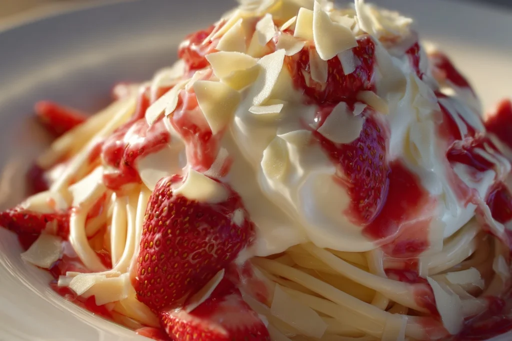 Spaghetti Eis Dessert mit Erdbeersoße, weißen Schokoladenraspeln und Sahne auf einem stilvollen Teller angerichtet.