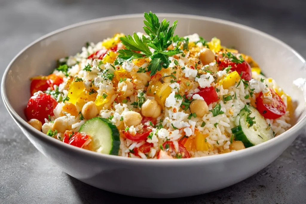 Ein Teller mit weltbester Reissalat, serviert mit gegrilltem Hähnchen und einer Garnitur aus frischen Kräutern.