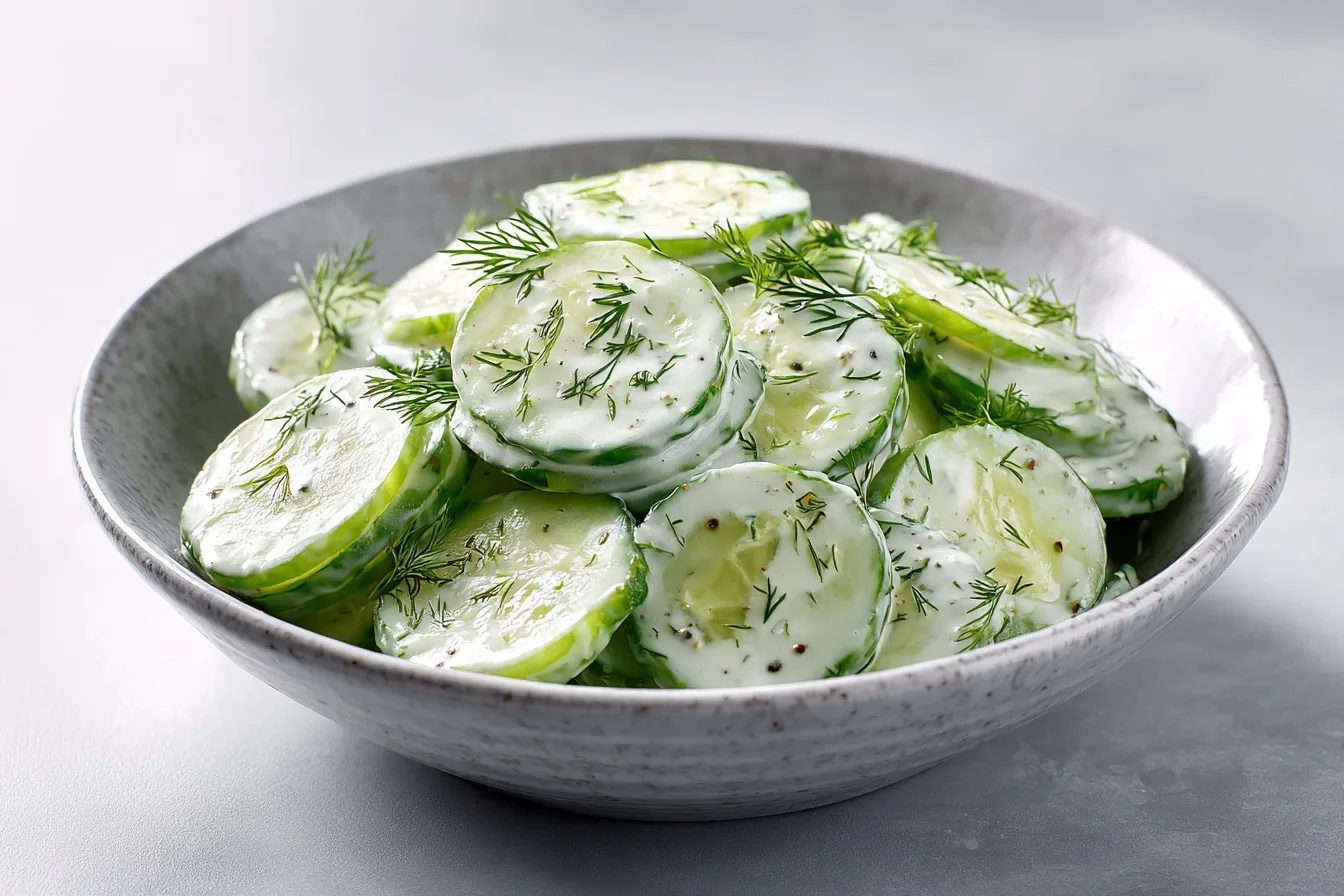 Nahaufnahme von Gurken Sahne Salat mit glänzendem Sahnedressing, Dill und schwarzem Pfeffer.