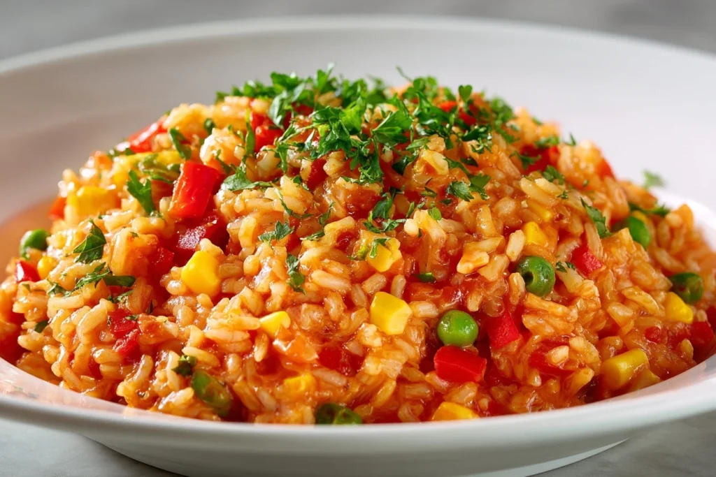 Ein farbenfroher Djuvec Reissalat in einer rustikalen Holzschüssel mit Reis, Paprika, Tomaten, Mais, Erbsen und einer würzigen Tomatensoße, garniert mit frischer Petersilie.