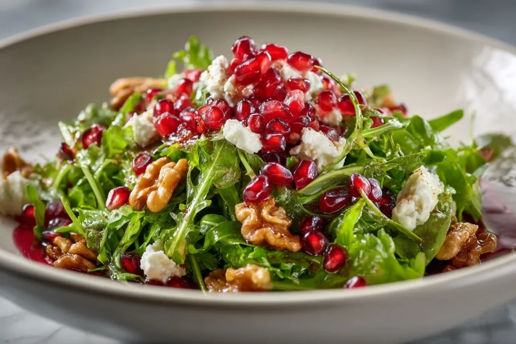 Nahaufnahme von Salat mit Granatapfel, mit leuchtend roten Kernen, cremigem Ziegenkäse und Walnüssen.