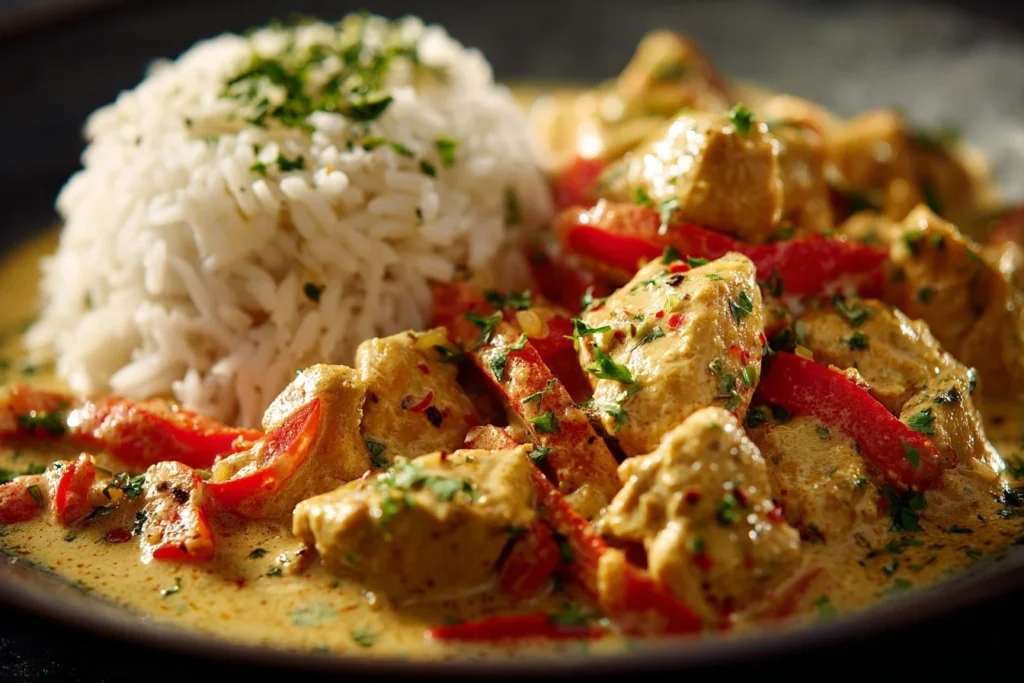 Nahaufnahme von Hähnchen Curry mit Reis, garniert mit Koriander und serviert auf einem Teller, ideal für ein schnelles, köstliches Gericht.