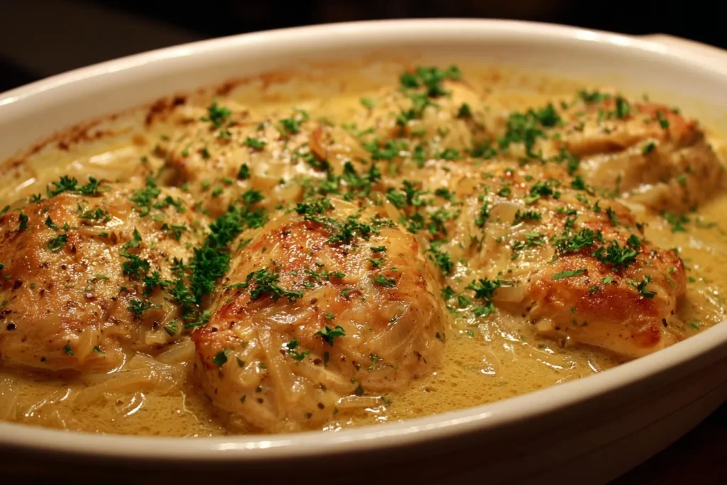 Zwiebel Sahne Hähnchen mit Zwiebelsuppe in einer rustikalen Auflaufform mit cremiger Soße und karamellisierten Zwiebeln.