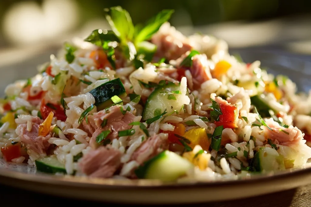 Nahaufnahme eines Reissalat mit Thunfisch mit frischen Zutaten, knackigem Gemüse und feinem Dressing.