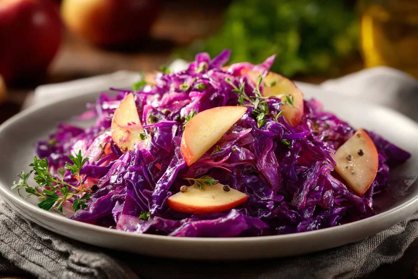 Einzelportion Rotkohlsalat nach Großmutters Art auf einem weißen Teller, serviert mit Apfelscheiben.