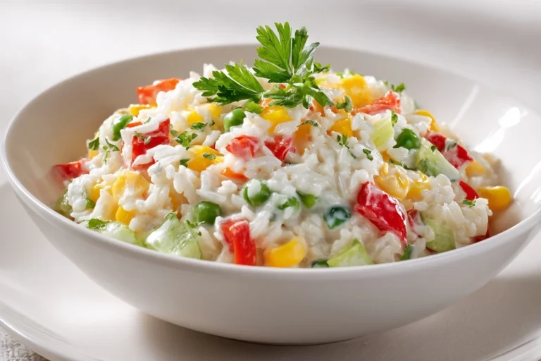 Omas Reissalat in einer großen Servierschüssel mit buntem Gemüse und cremigem Dressing.